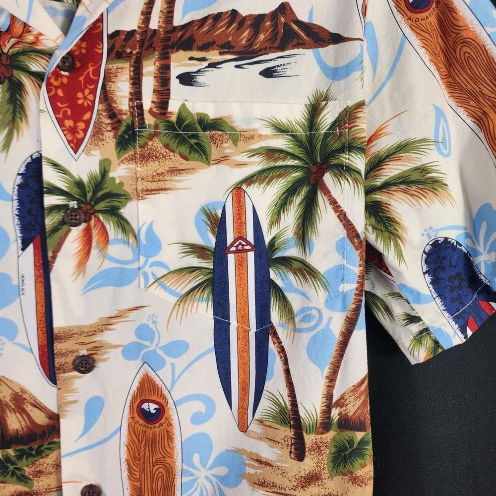 Aloha Republic Mens Small Hawaiian Shirt‎ Surfboard Palm Tree Cotton Made in USA